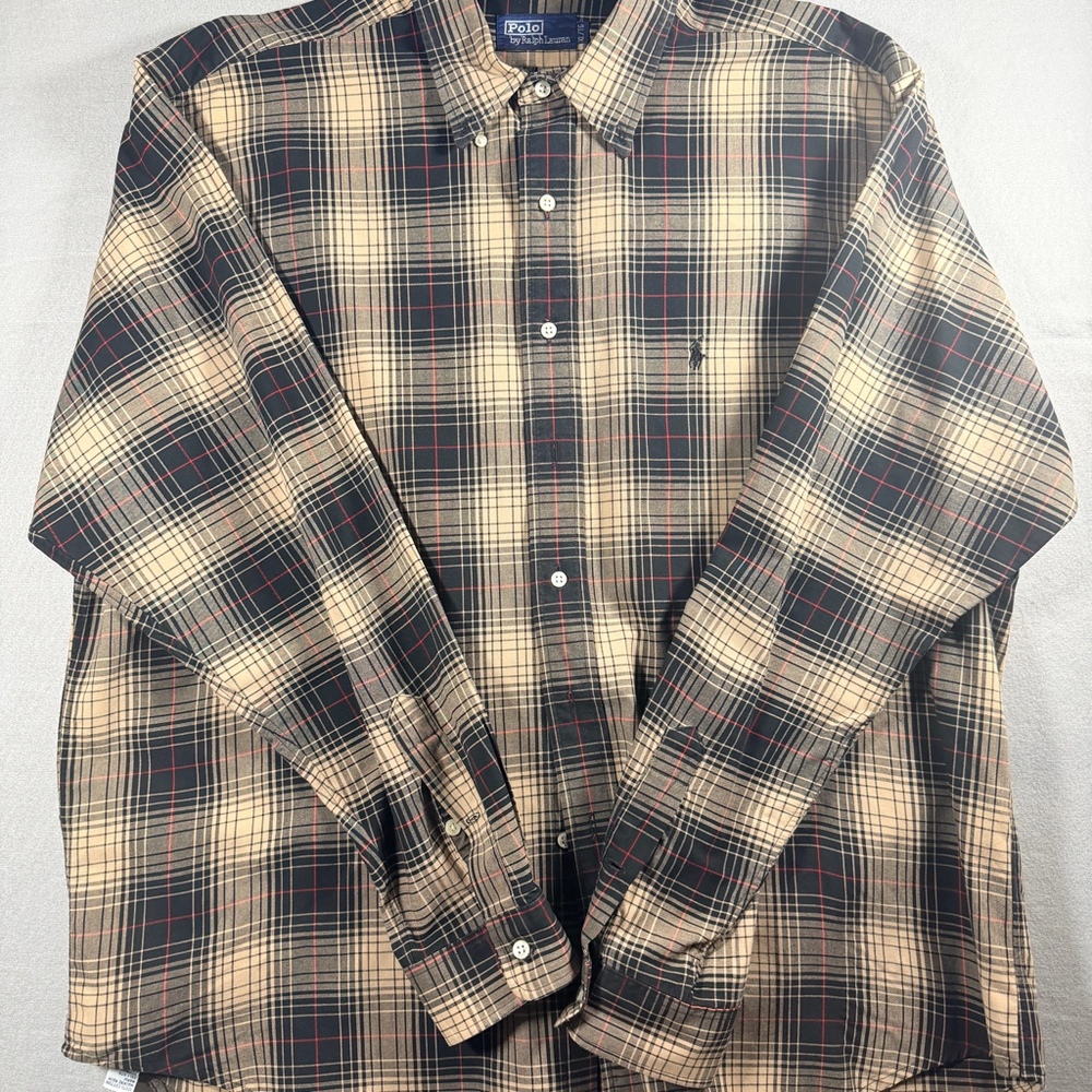 Polo by Ralph Lauren Men’s XL TG Long Sleeve Button Up Shirt Tan Black Plaid